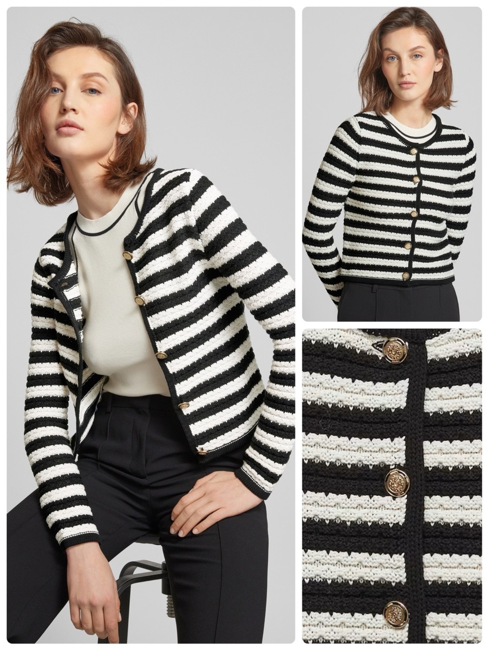 MNG Striped Textured Tailored Cardigan Blazer Jacket w/ Gold Buttons Cream/Black